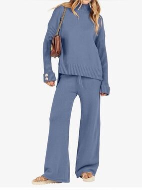 Cozy Light Blue Knit Sweater and Wide-Leg Pants Set